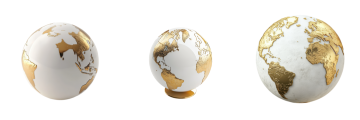 globes in gold and white tones representing the interconnected and diverse nature of the world its countries cultures and economies  The imagery suggests themes of global sustainable development