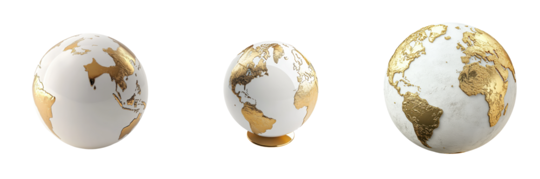 globes in gold and white tones representing the interconnected and diverse nature of the world its countries cultures and economies  The imagery suggests themes of global sustainable development
