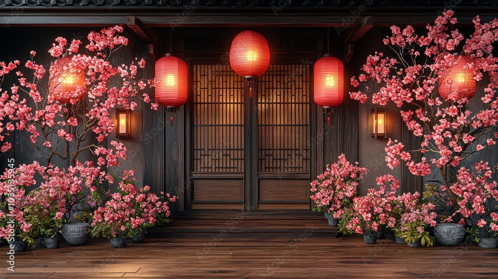 Aufkleber In the upcoming Chinese New Year of 2023, a Chinese lantern hangs on a fence. Stock generated by generative algorithms