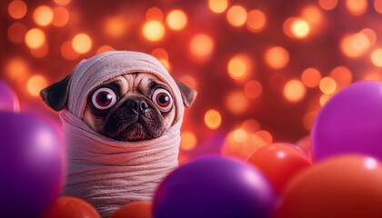 Funny Pug in Mummy Costume with Halloween Bokeh Lights