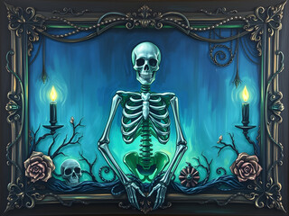 Fototapeta premium Skeleton in a Frame: A skeletal figure sits amidst a haunting, ethereal landscape, illuminated by flickering candles and framed by ornate, gothic details. The image evokes a sense of mystery, beauty.