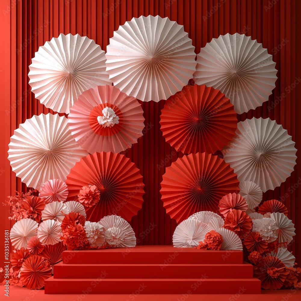 Aufkleber 3d rendering illustration of a podium display with hand paper fan and gong xi fa cai themes for the 