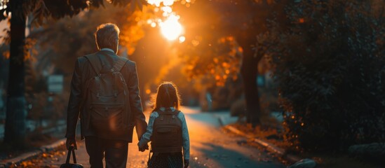 Father and daughter walking hand in hand on a street at sunset. Warm backlight creating a peaceful atmosphere. Family and bonding concept.