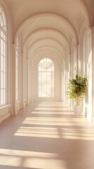 Obraz premium Sunlit Arched Hallway with Plant and Hardwood Floor Classic Interior Design