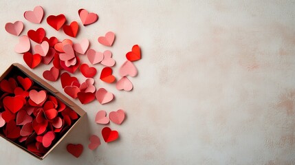 Valentine's Day-themed flat-lay photo of red and pink paper hearts
