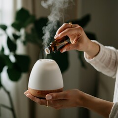 Close-up of a woman’s hands pouring essential oil into a diffuser in a peaceful home setting.