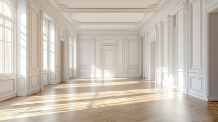 Sunlit Elegant White Room Interior With Hardwood Floor And Wall Paneling