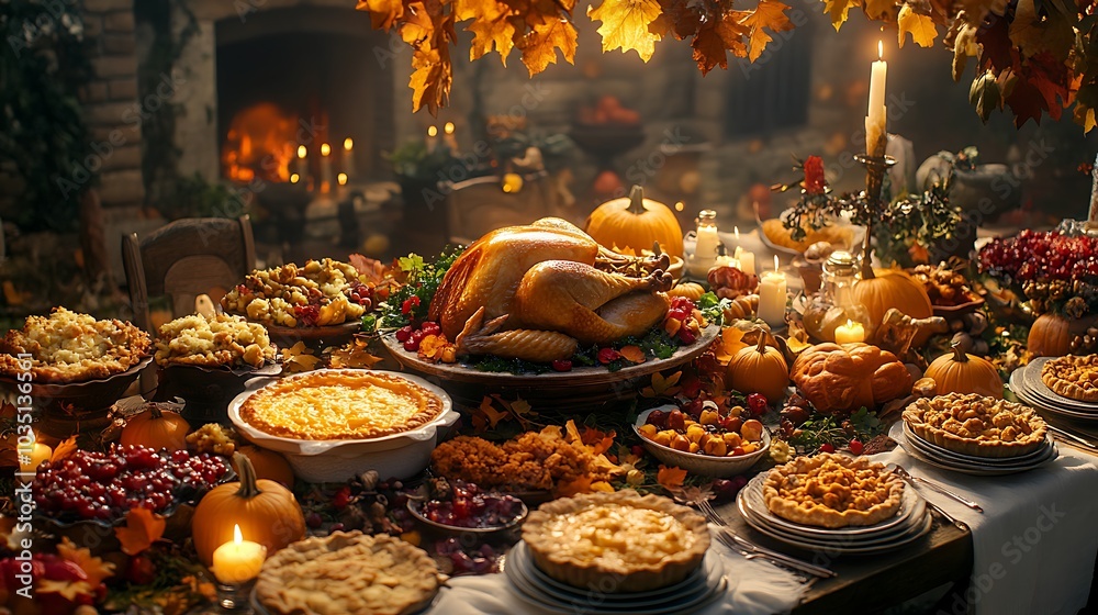 Poster Thanksgiving feast with a traditional turkey, stuffing, and pies laid out on a large table, family gathered around, soft lighting creating a warm, inviting atmosphere,