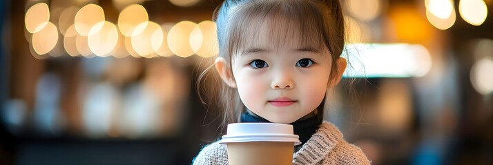 Adorable Little Girl Holding Coffee Cup in Cafe with Bokeh Lights