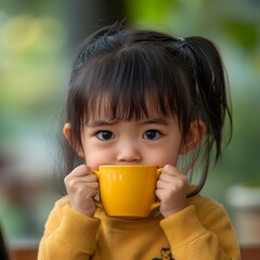 Adorable Little Girl Drinking from Yellow Mug Cute Child Portrait