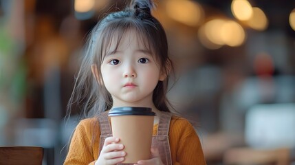 Cute Little Girl Holding a Cup of Coffee in a Cafe