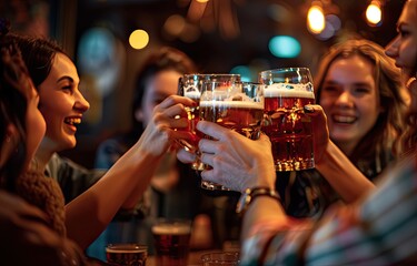 In a bar, people cheer and raise glasses with beer to celebrate