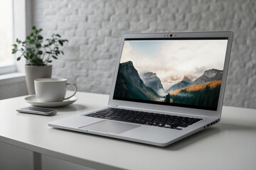 White laptop on white table in white workspace