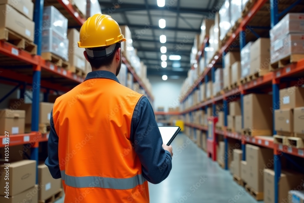 Wall mural worker in warehouse, background blurred