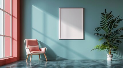 Modern Living Room Interior Design with Pink Armchair Blank Canvas and Palm Plant