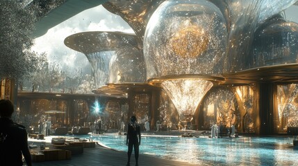 Futuristic Architecture Golden Domes Pool Modern Building Luxury Design Sci fi City