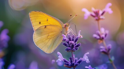 Naklejka premium Yellow Butterfly on Purple Lavender Flower in Garden