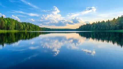 Fototapeta premium Tranquil Lake with Reflection of Clouds and Trees