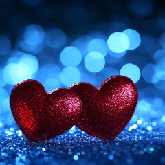 Obraz premium Two red hearts, glittery and shiny, with a bokeh background of blue lights