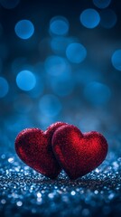 Fototapeta premium Two red hearts, glittery and shiny, with a bokeh background of blue lights
