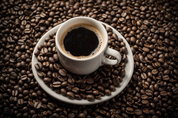 Fototapeta premium A cup of coffee on a bed of coffee beans