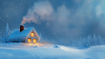 Cozy Cabin In Snowy Winter Landscape With Stars and Lights