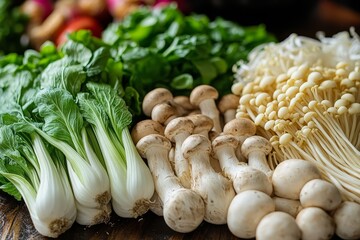 Fresh Organic Mushrooms  Enoki  and Bok Choy Vegetables
