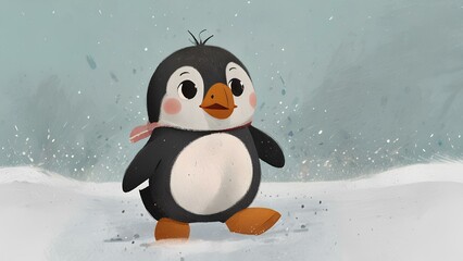 
Cute Penguin Playing in the Snow on White Pastel Paper
