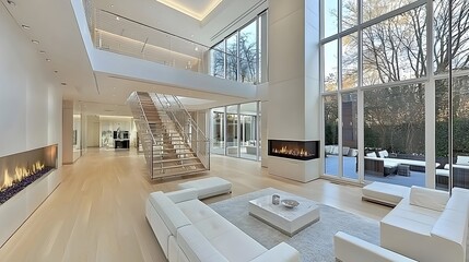 Fototapeta premium Stunning minimalist open plan home interior design with clean architectural lines modern and minimalist furnishings and bright natural lighting flooding the space