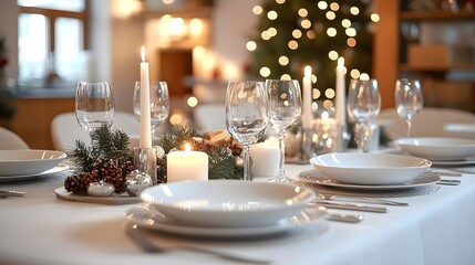 Festive Christmas Table Setting with Candles Pine Branches and Wine Glasses