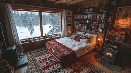 Cozy Cabin Bedroom with Winter View Fireplace and Bookshelves