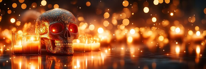Ornate Skull with Glowing Eyes and Candles in Bokeh Background