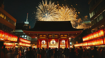 Night view of Ōmisoka in downtown Tokyo, people preparing to welcome the new year, crowds gather around a large shrine, red lanterns light up the street, Ai generated images