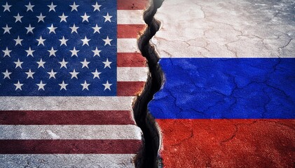 United States of America flag Vs Russian federation Flag on brick wall, USA vs Russia, US Vs Russia	
