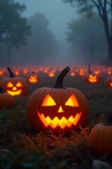 Glowing Jack-o'-lanterns Eerie Illuminating Misty Forest Path