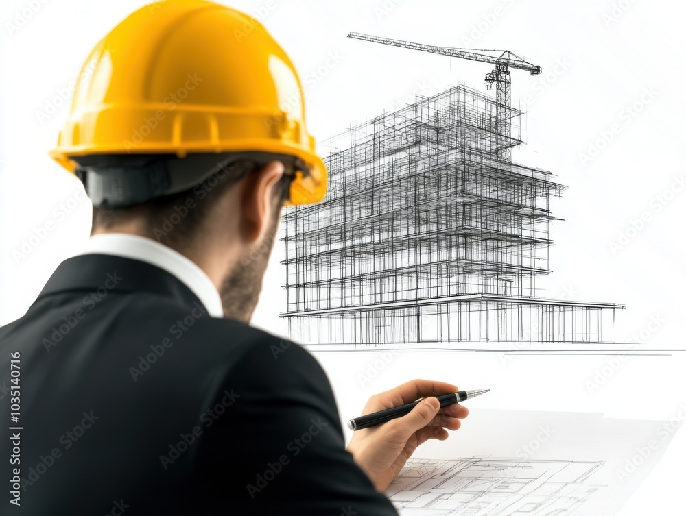 Poster a man in a suit and yellow helmet is drawing a construction blueprint of a building on a white backg