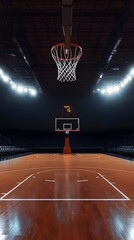 Empty Basketball Court with Lights and Scoreboard Sports Arena Interior