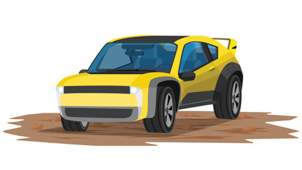 Concept vector illustration of detailed perspective view of yellow rally car. With shadow of car. Can view interior of car. Car parked on rocky ground. No driver inside. Isolated white background.