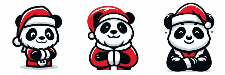 Fototapeta premium Three adorable panda characters in Santa hats, each displaying cheerful expressions and festive attire, ready for the holiday season.