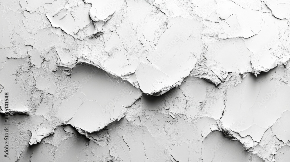 Fototapete A close-up view reveals a textured white wall with uneven layers of peeling paint. The intricate patterns create a striking visual in an urban setting, highlighting age and wear.