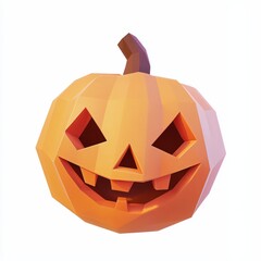 3D Render, Low Poly style of a friendly pumpkin with a carved face and a joyful expression, on isolated white background