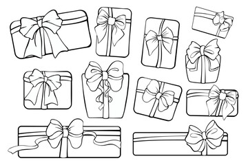 set of gift box with ribbon and bow, simple hand drawn gift boxes