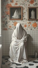 Naklejka premium Ghostly Figure in a White Sheet Sitting in a Bathroom White Tiles Floral Wallpaper Art