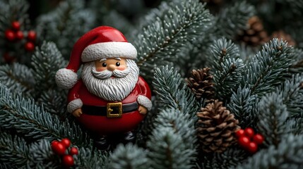 Festive Christmas Ornament Santa Claus in Evergreen Tree Branches