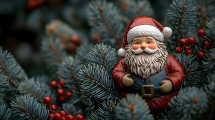 Obraz premium Festive Santa Claus Figurine in Christmas Tree Branches with Red Berries