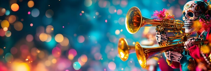 Fototapeta premium Day of the Dead Celebration with Skeleton Musician Playing Trumpet