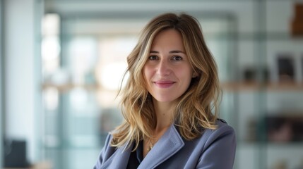 Smiling French businesswoman in her 30s with a confident look in office setting
