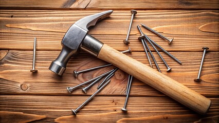 Close-up of a hammer and nails arranged on a wooden board