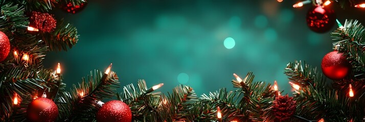 Christmas Tree Branches with Lights and Ornaments on Teal Background