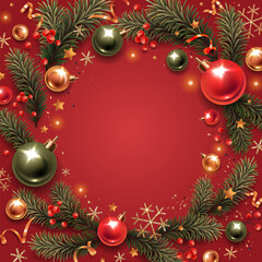 Square banner with gold and green Christmas symbols and place for text. Christmas tree, balls, golden ribbons and snowflakes on a red background.
